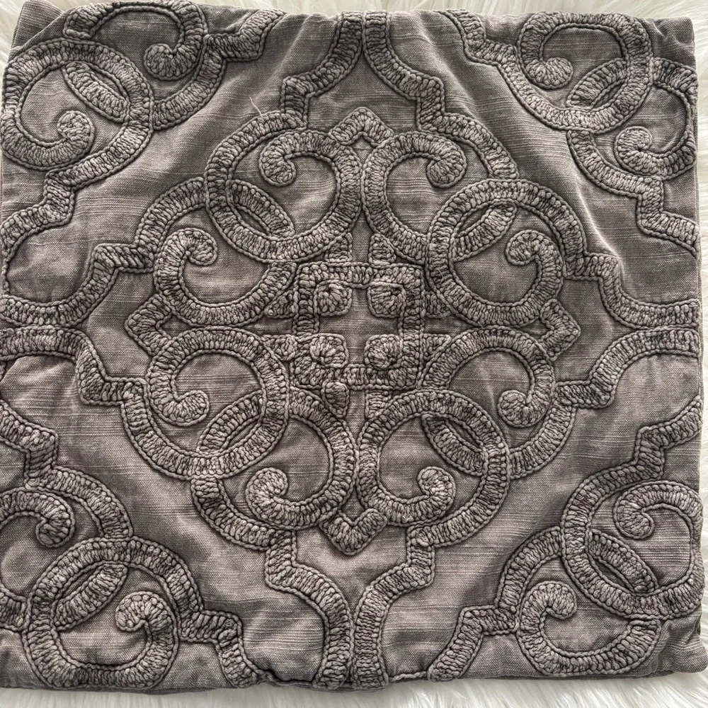 POTTERY BARN DREW Embroidered Gray Pillow Cover